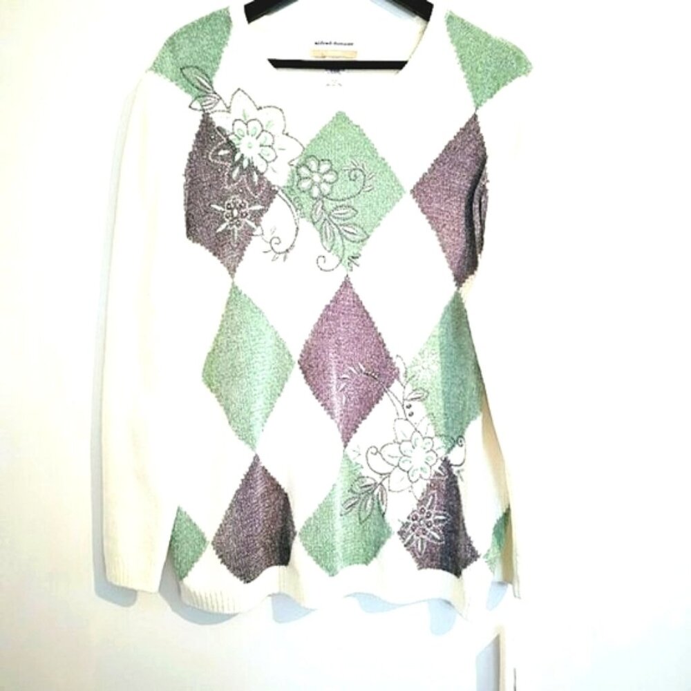 Alfred Dunner 1X Lake Geneva Cream Diamond Design Print Scoop Neck Knit Sweater
